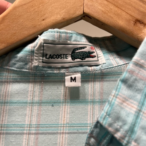 LACOSTE short sleeve blue plaid button up shirt, men’s medium 💯 cotton - Picture 6 of 12